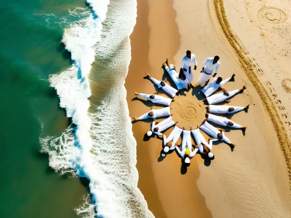 Puntuación en rodas de Capoeira: Una roda vibrante en la playa con capoeiristas habilidosos en ropa blanca, expresiones intensas y movimientos ágiles