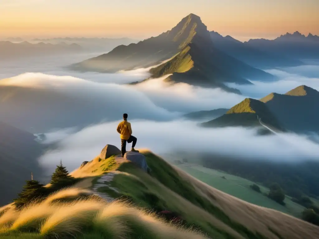 Práctica de Qigong al amanecer en la cima de la montaña neblinosa, transmitiendo vitalidad y serenidad