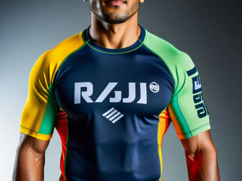 Un rashguard de alta calidad para grappling BJJ con detalles vibrantes y resistencia