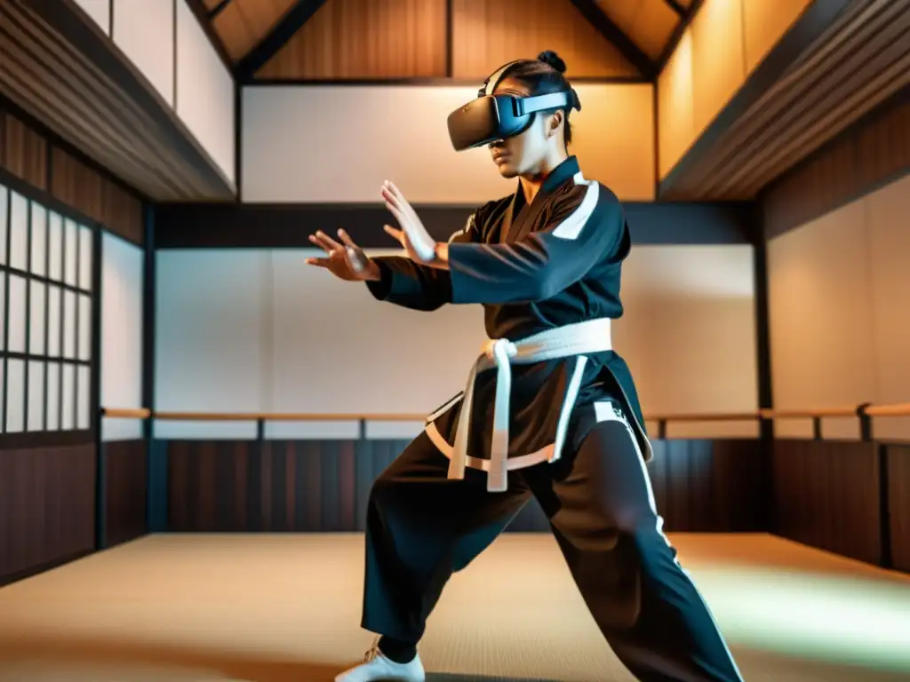 Martial Arts en Realidad Virtual: Precisión y Fluidez En la realidad virtual, un artista marcial ejecuta movimientos precisos mientras los sensores capturan sus movimientos