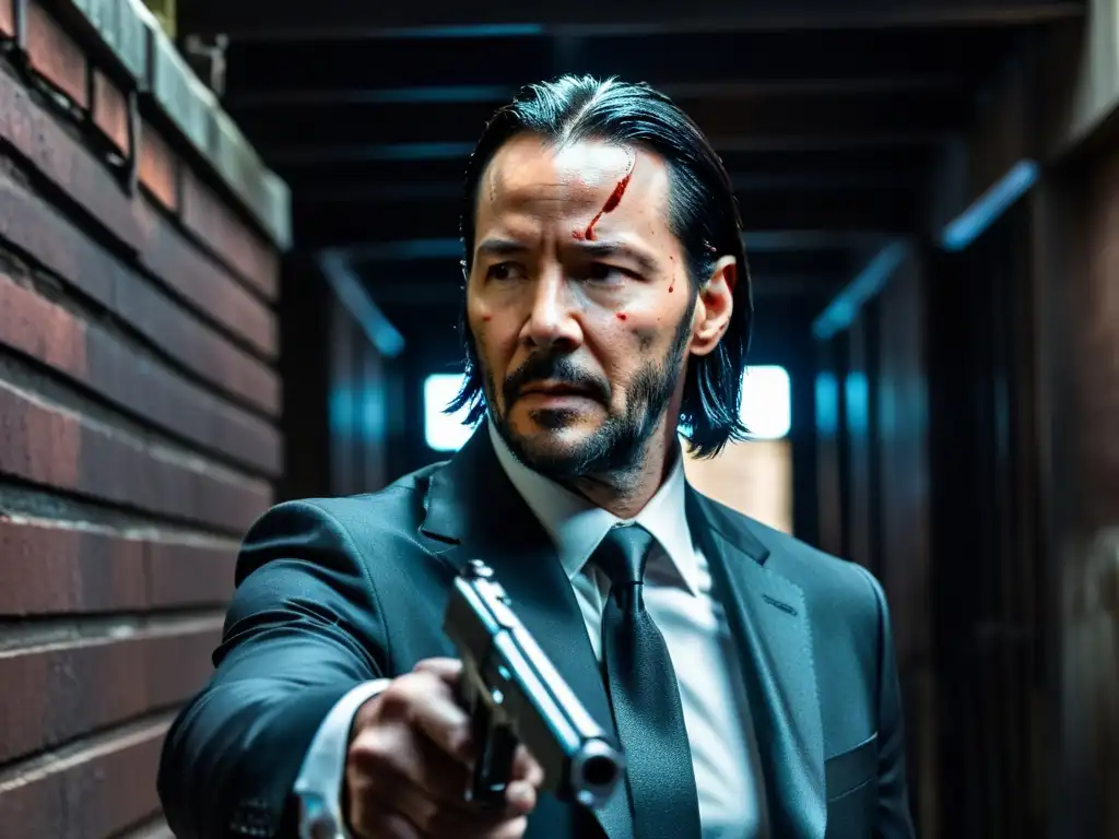 Keanu Reeves como John Wick, en un callejón urbano sombrío, con una pistola personalizada