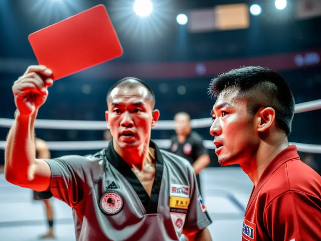 Referee muestra tarjeta roja en competencia de artes marciales, denotando prohibiciones en competencias artes marciales