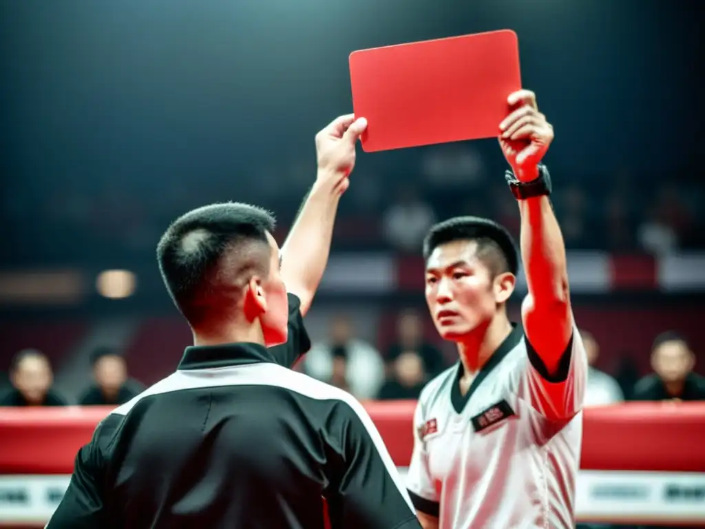 Referee mostrando tarjeta roja, imponiendo prohibiciones en competencias artes marciales con determinación y seriedad