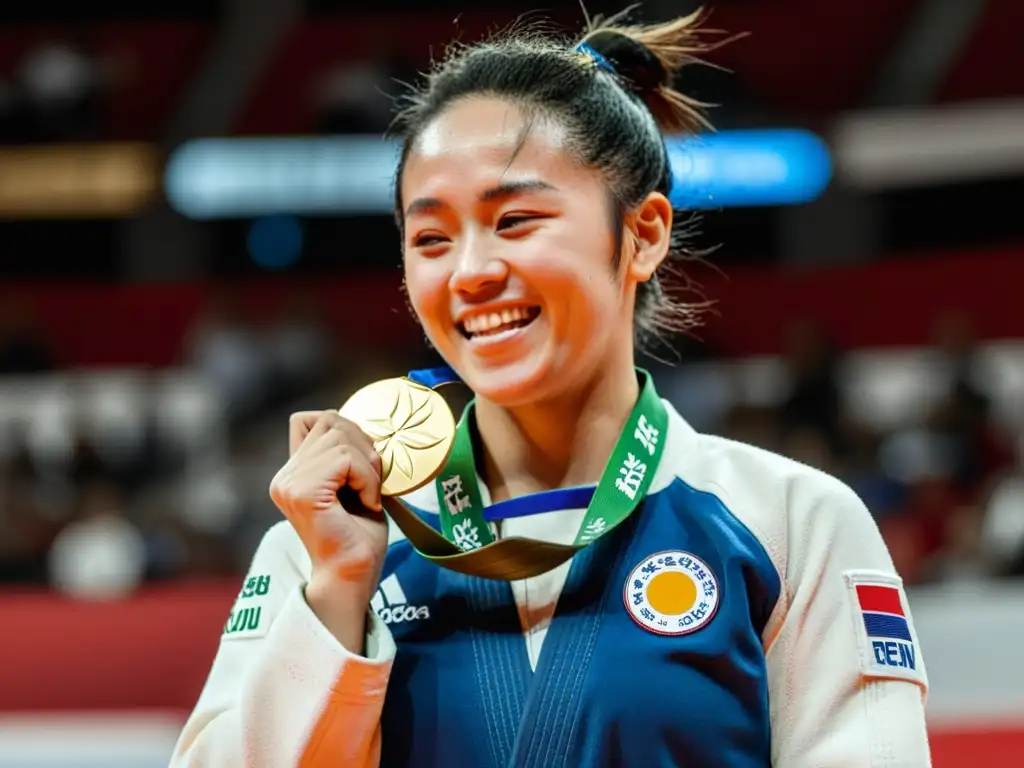 Rena Kanokogi, judoka pionera, llorando de emoción en el podio con su medalla de oro