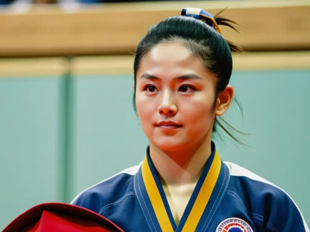 Rena Kanokogi, pionera del Judo femenino, con medalla de oro en el podio del campeonato estatal de Nueva York en 1980