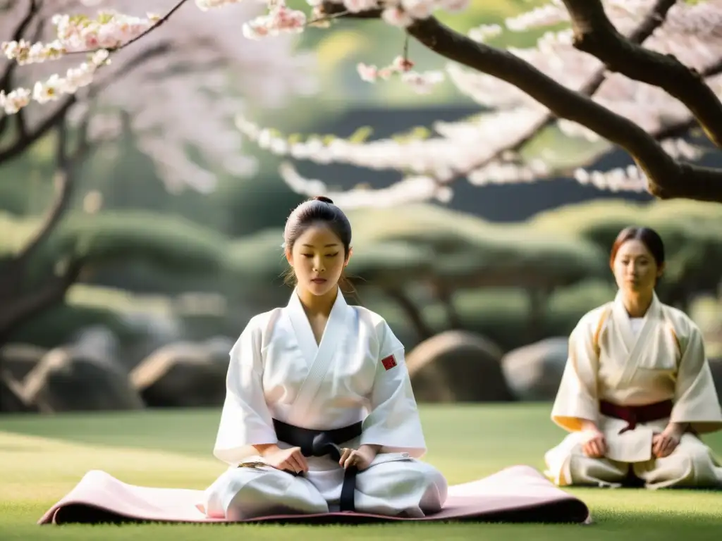 Retiro de armonía marcial en Japón: Práctica de Aikido en un jardín japonés entre cerezos en flor, con el sensei y estudiantes en movimientos fluidos y serenos