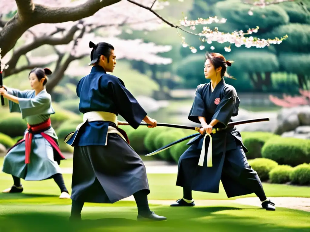 Retiro de Iaido y Kenjutsu en Japón: Practicantes de samuráis en un jardín japonés con cerezos en flor y luz cálida, honrando tradiciones ancestrales