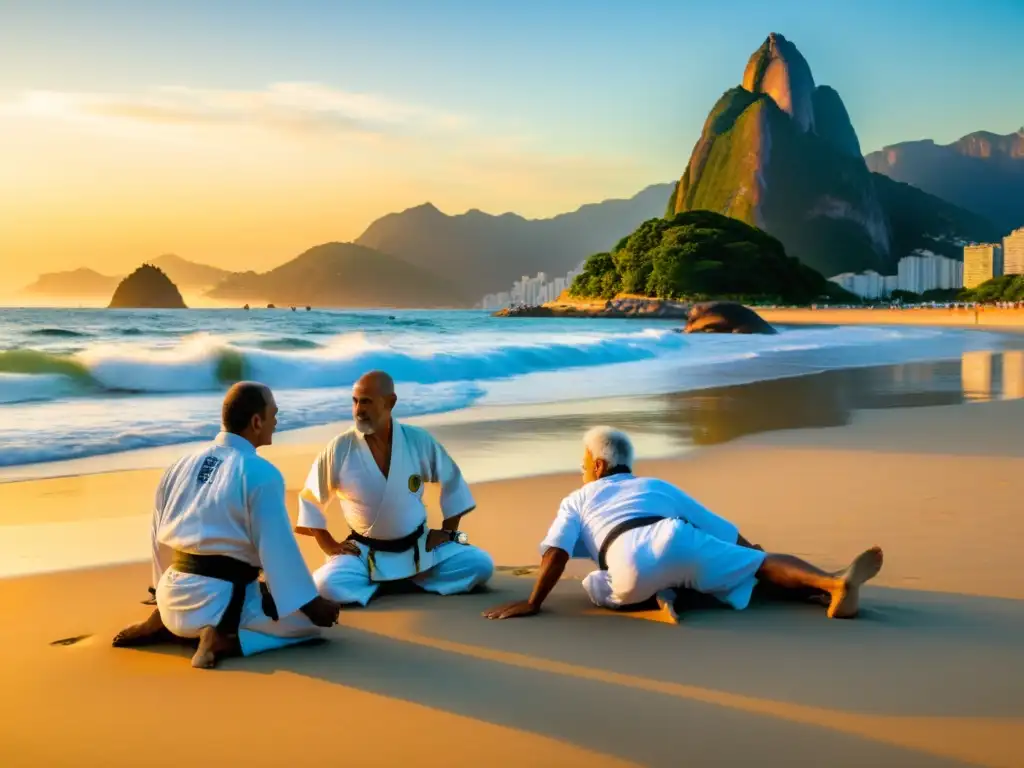 Retiro de JiuJitsu Brasileño en Río: Practicantes de JiuJitsu en la playa al atardecer, con el Cristo Redentor al fondo