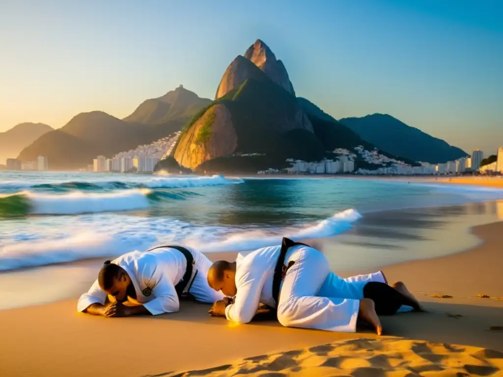 Retiro de JiuJitsu Brasileño en Río: Practicantes de JiuJitsu en la playa de Copacabana al amanecer, con el Pan de Azúcar de fondo, envueltos en una atmósfera de disciplina y belleza