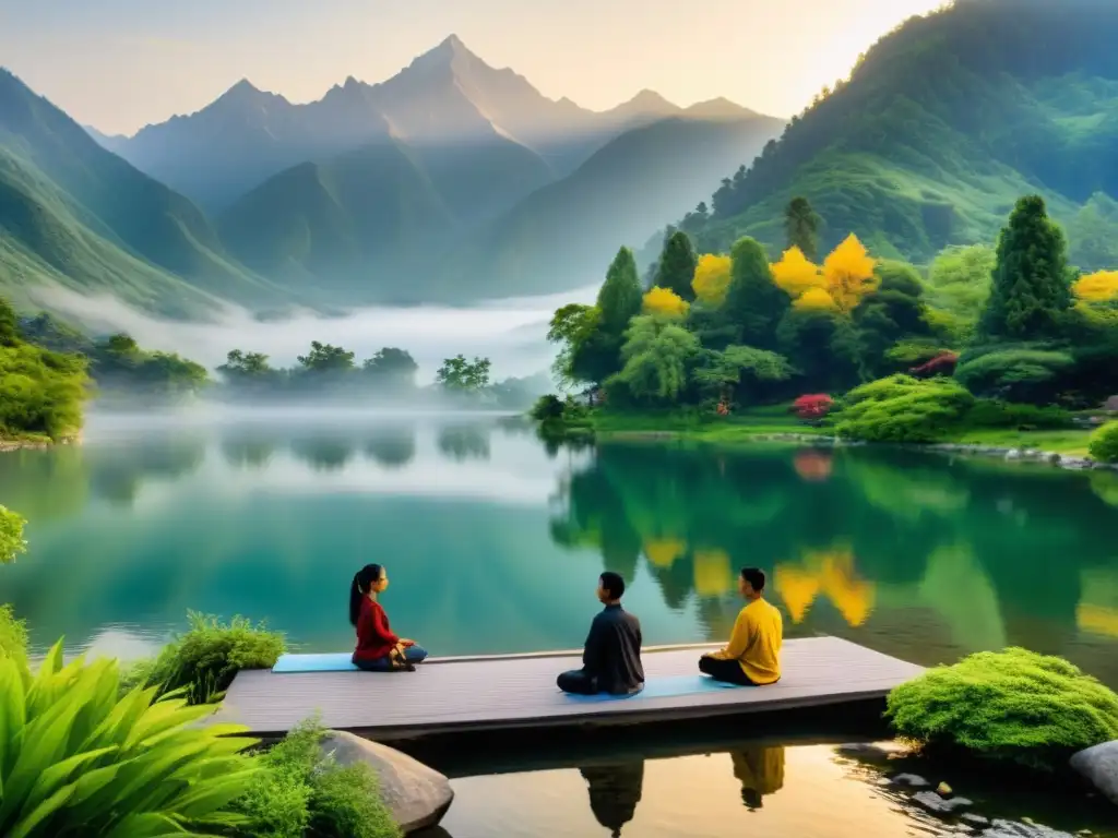 Retiro de Tai Chi en un lugar pintoresco: práctica en la orilla de un lago sereno, rodeado de montañas cubiertas de niebla y exuberante vegetación