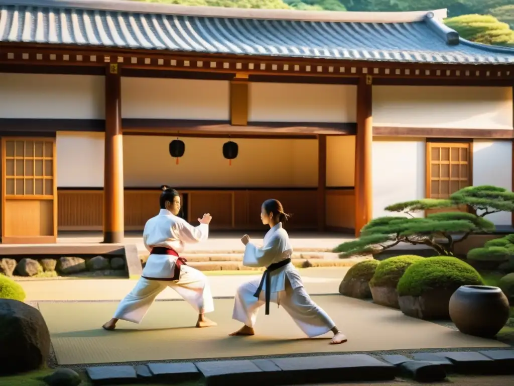Retiro Zen Kárate Japón Ki: Práctica de kárate en un tranquilo templo japonés al atardecer, entre la serena arquitectura y la naturaleza exuberante