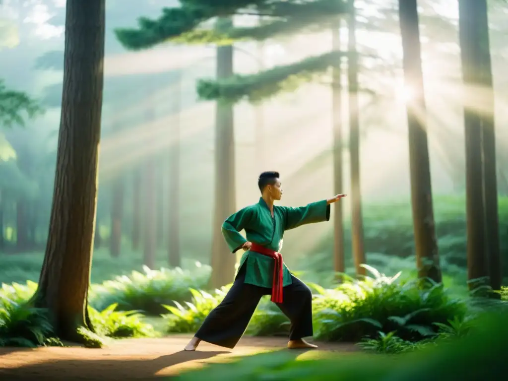 Retiros de artes marciales y mindfulness: Maestro y estudiantes practican Tai Chi en un claro forestal, bajo la suave luz matutina