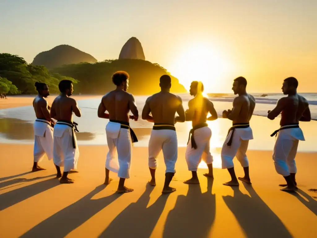 Retiros de capoeira en Brasil: Practicantes de capoeira danzan al atardecer en una playa, rodeados de naturaleza exuberante y ritmos envolventes