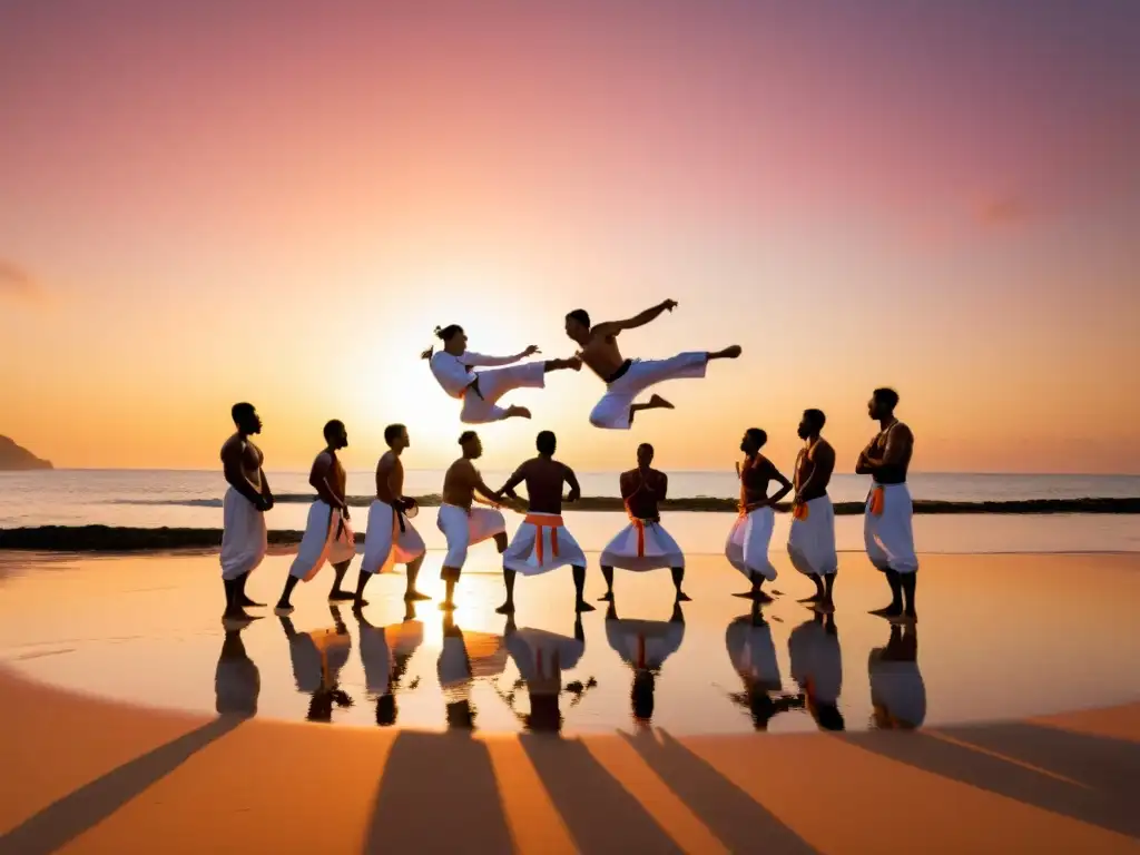 Retiros de Capoeira: inmersión cultural en la playa al atardecer, con práctica dinámica de roda y músicos tradicionales