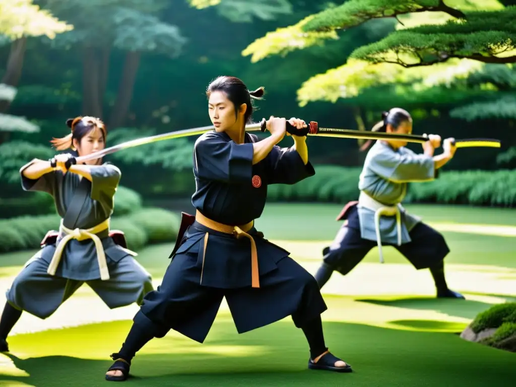 Retiros de Iaido y Kenjutsu Japón: Entrenamiento dinámico de samuráis en jardín japonés, con katanas relucientes y ambiente sereno