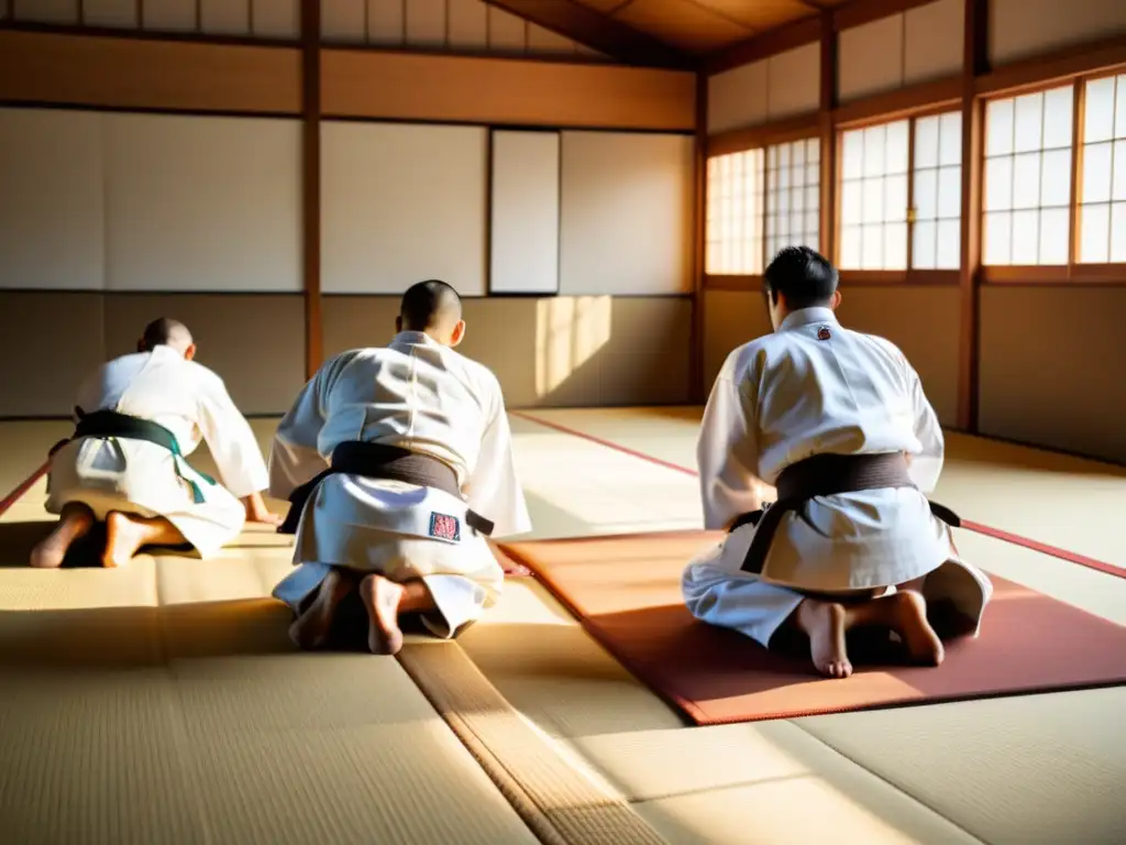 Retiros de Judo en Tokio: Practicantes de judo en gi blanco se inclinan en un dojo japonés tradicional, con luz solar creando sombras dramáticas