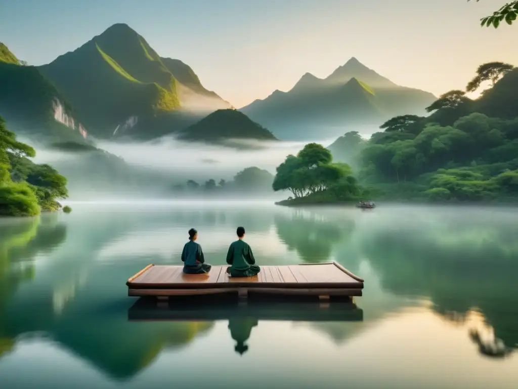 Retiros de Tai Chi Lugares Pintorescos: Practicantes de Tai Chi en un paisaje sereno de montaña con un lago tranquilo y neblina al amanecer