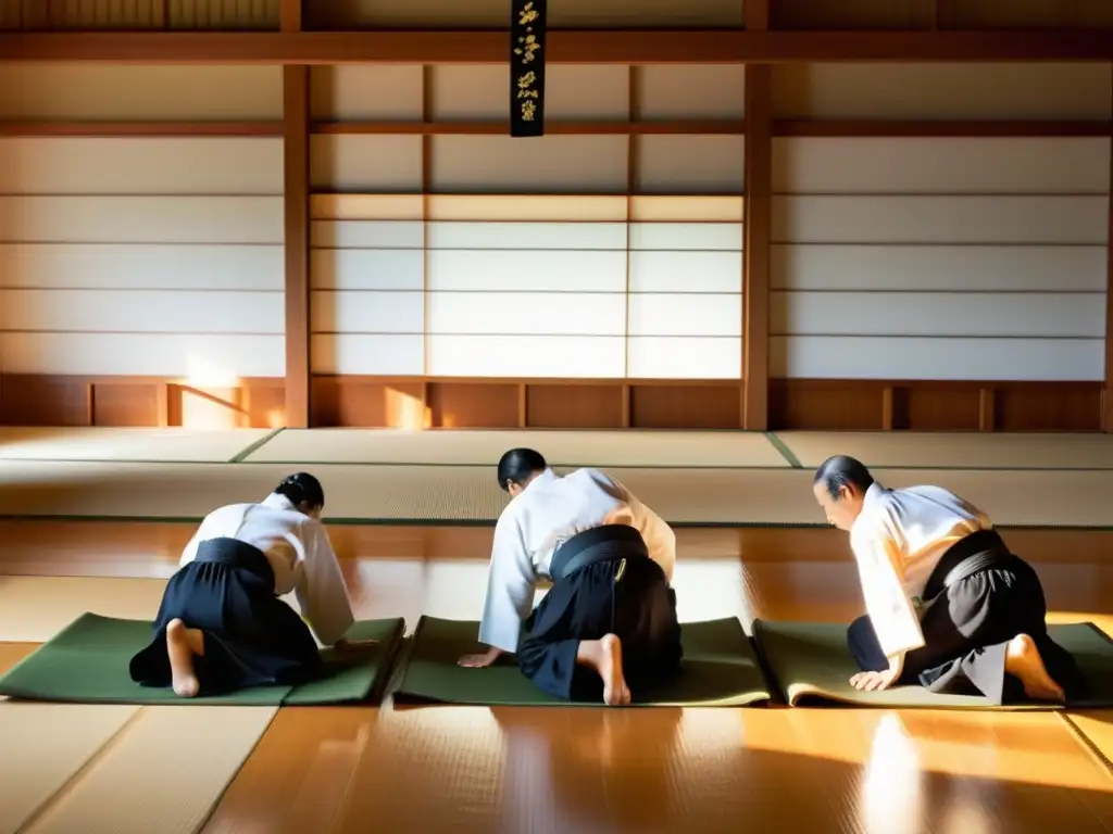 Retiros de armonía marcial en Japón: Practicantes de Aikido en un dojo tradicional japonés, en un ambiente sereno y reverente