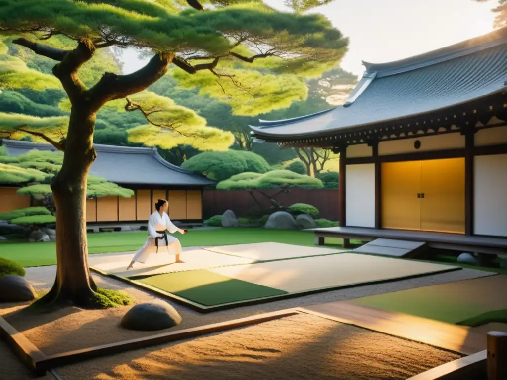 Retiros Zen Kárate Japón Ki: Practicantes de kárate en un jardín japonés sereno al amanecer, con luz dorada filtrándose entre los árboles