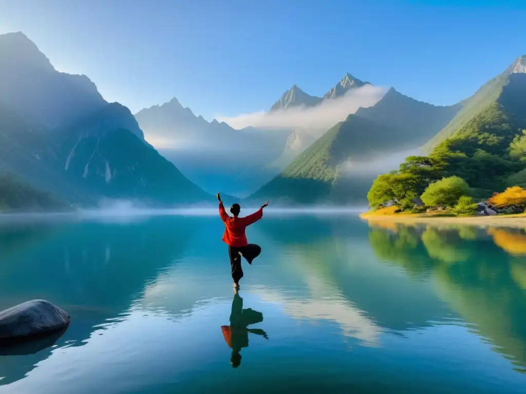 Retiros de Qigong en paisajes serenos: Grupo practicando Qigong al amanecer, en un entorno de montañas y lago, transmitiendo paz y armonía