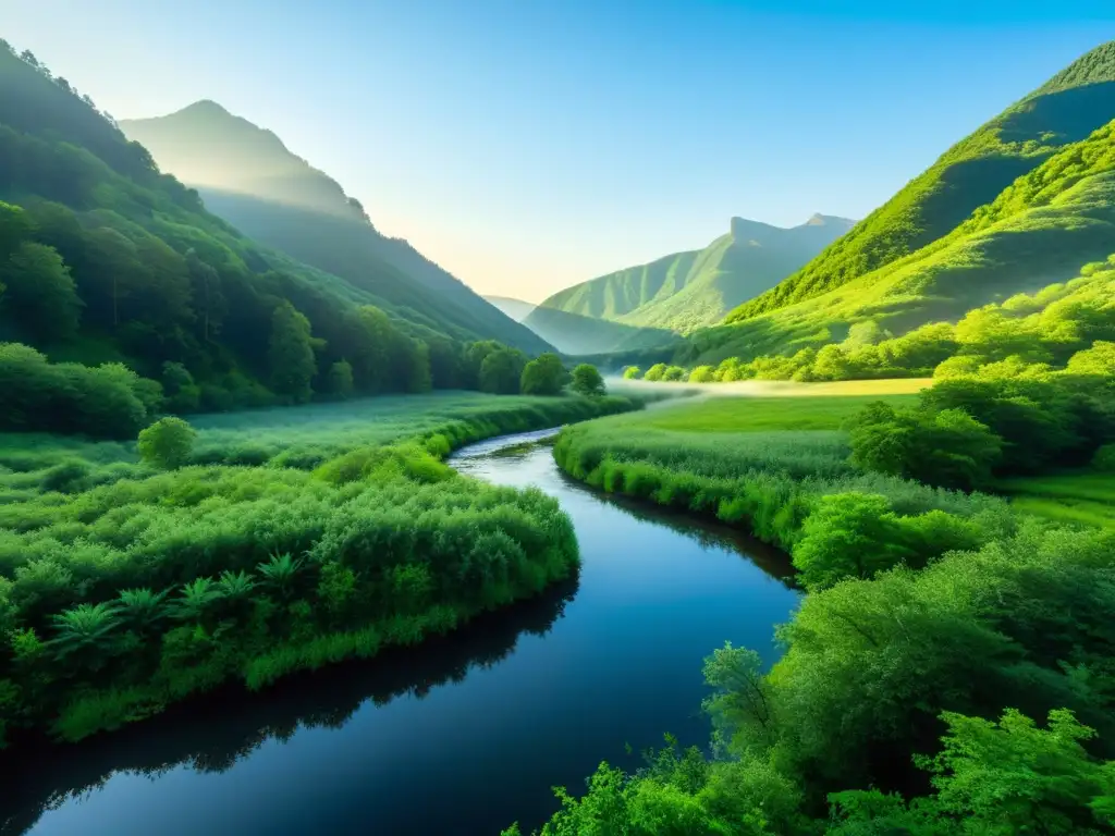 Retiros de Qigong en paisajes serenos: un valle verde y sereno con un arroyo, montañas envueltas en misterio y armonía natural