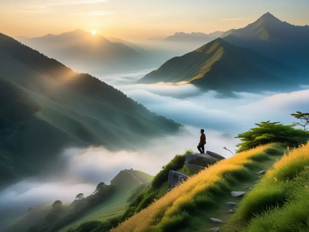 Retiros de Qigong en paisajes serenos: Practicante de Qigong en la serena belleza natural al amanecer, en la cima de la montaña cubierta de neblina