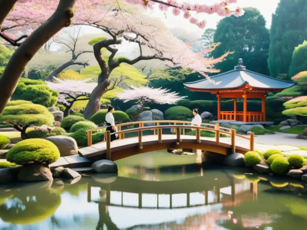 Retiros Zen Kárate Japón Ki: Jardín japonés sereno con estudiantes de kárate practicando bajo la guía tranquila de un maestro Zen