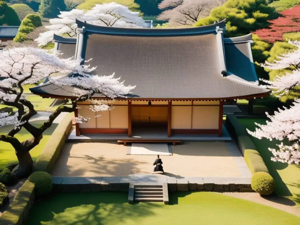 Retiros de armonía marcial en Japón: Templo japonés, cerezos en flor y práctica de Aikido transmiten calma y belleza espiritual