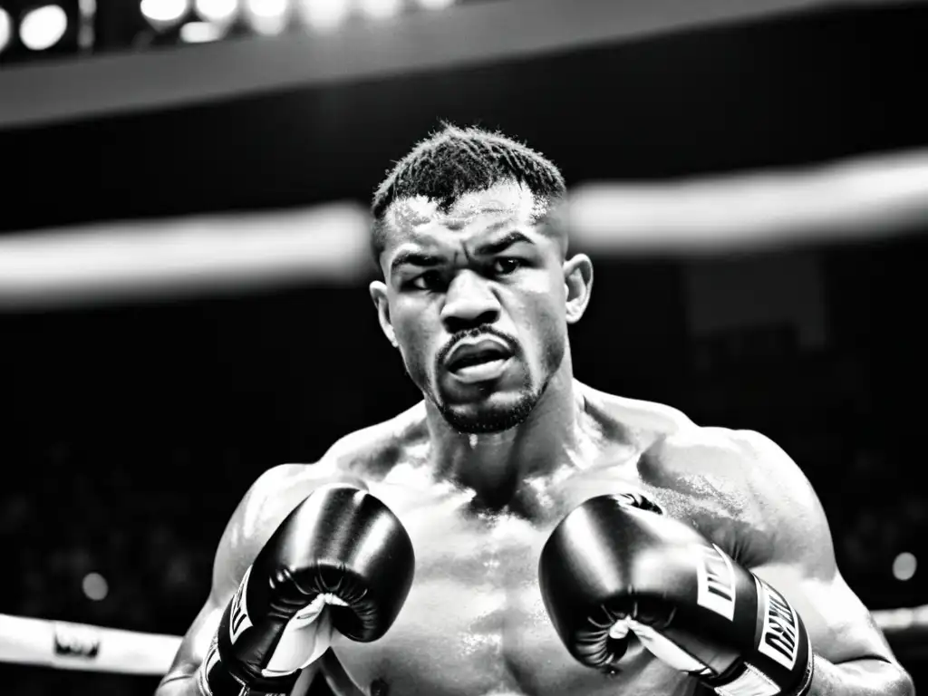 Un retrato en blanco y negro de un boxeador en transición al octágono de MMA, con sudor y determinación, adaptando técnicas de boxeo a MMA