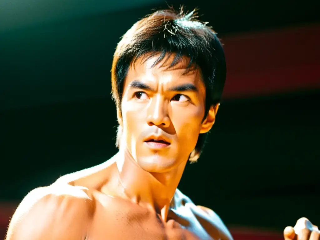 Retrato intenso de Bruce Lee en combate, reflejando la popularidad de las películas de artes marciales y su impacto cultural