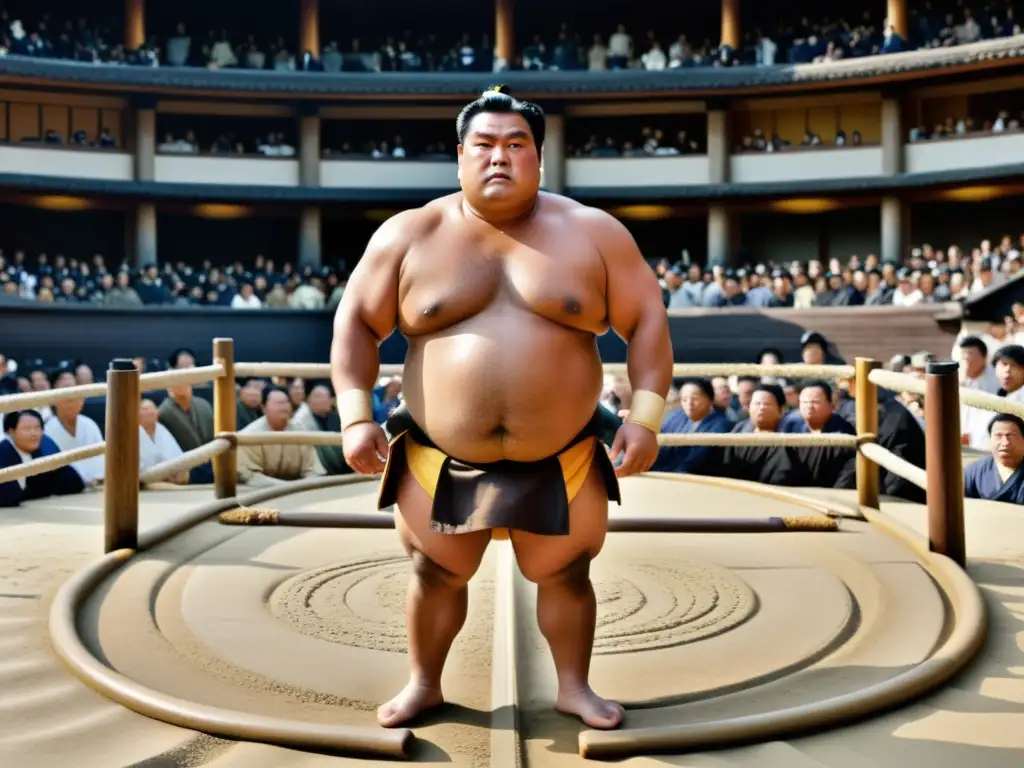 Un rikishi en el dohyo, rodeado de espectadores atentos en un intenso entrenamiento de sumo en Japón