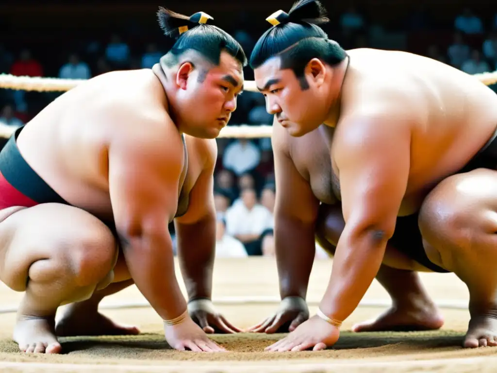 Dos rikishi de sumo se preparan para un intenso combate en el dohyo, rodeados de espectadores emocionados