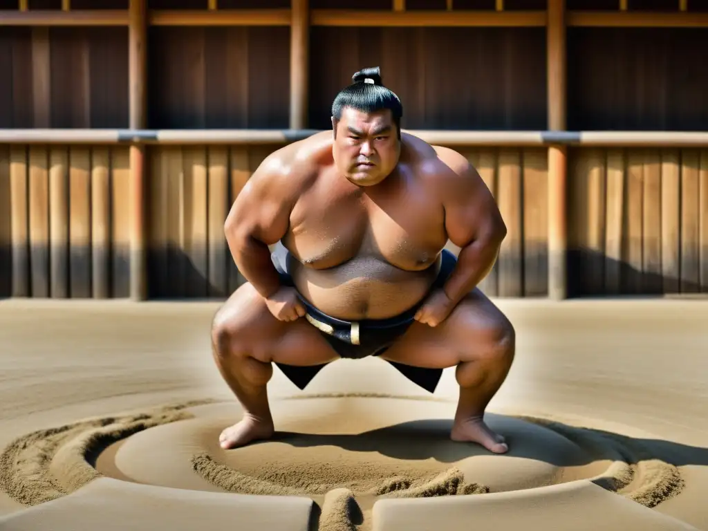 Un Rikishi de Sumo realizando el ritual Shiko en un entrenamiento, evocando tradición y resistencia en el equipo de Sumo: tradición y resistencia