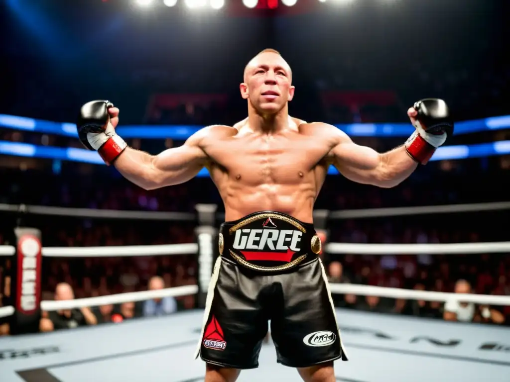 Georges StPierre en el ring, con su cinturón y mirada determinada, capturando la filosofía de lucha Georges StPierre