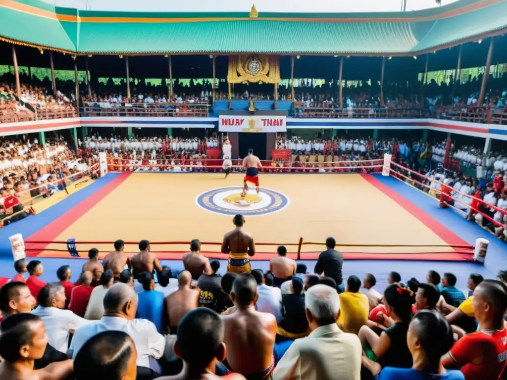 Ritual Wai Kru en un bullicioso estadio de Muay Thai en Tailandia, destaca la importancia social del Muay Thai con una vibrante atmósfera comunitaria y cultural