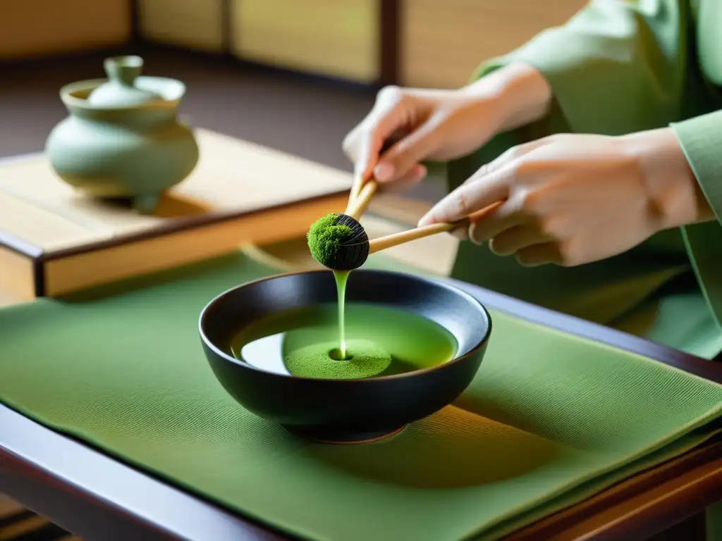 Un ritual japonés del té muestra la precisión y serenidad, con utensilios y hojas de té verde