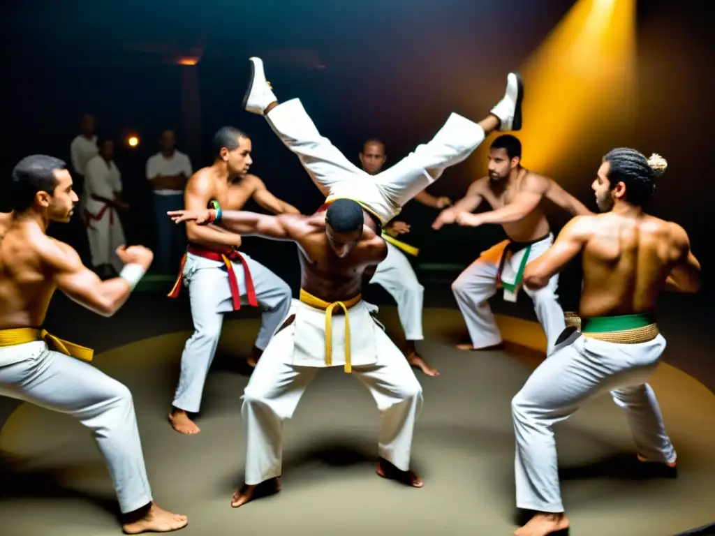 Un roda de capoeira en un entorno histórico, con practicantes en movimiento