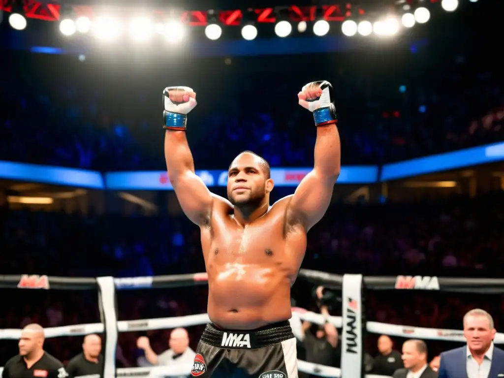 Daniel Cormier celebra en el octágono, rodeado de fans e iluminado por una luz dramática, capturando su camino al estrellato en las artes marciales