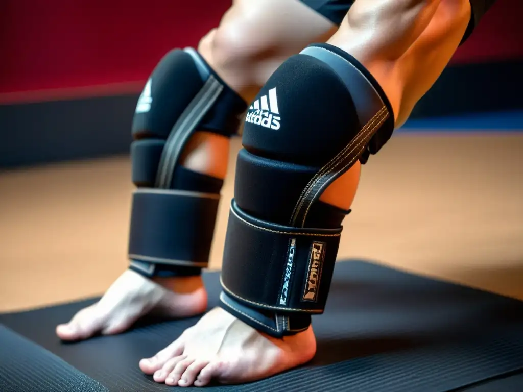Rodilleras para artes marciales intensas: Detalles de rodilleras negras desgastadas, sobre un tatami con figura borrosa en acción