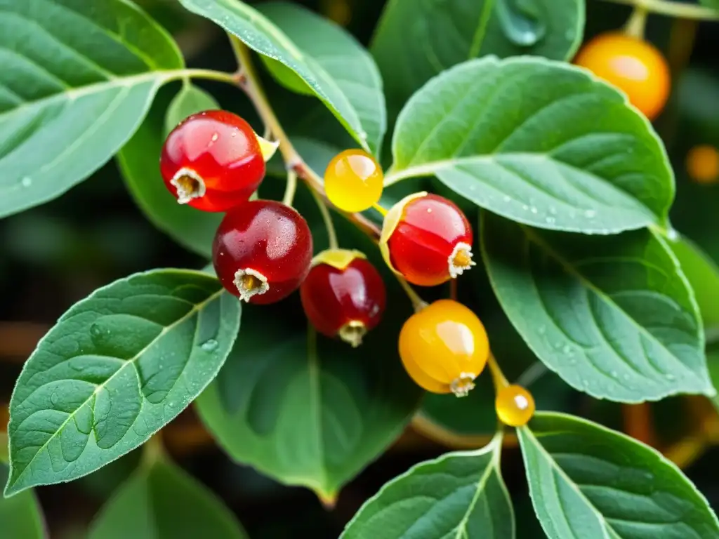 Berries de Ashwagandha rojas y amarillas entre hojas verdes con rocío matinal, bajo luz dorada