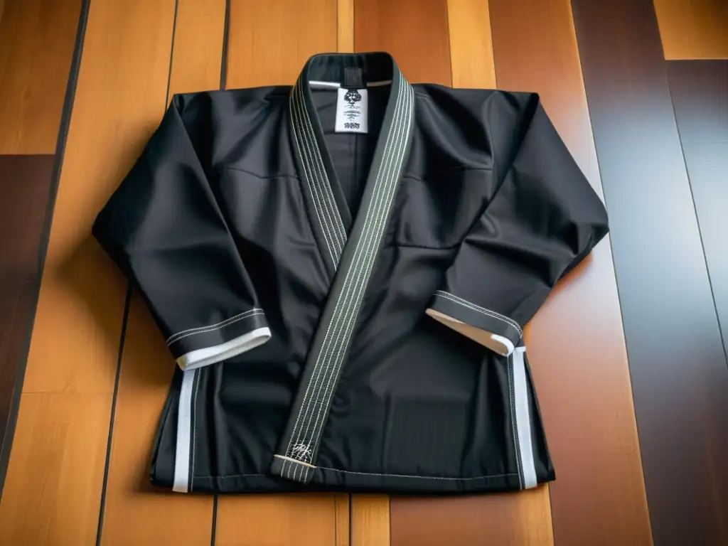 Ropa y accesorios luchadores favoritos: Detalle de un gi de artes marciales tradicional, negro con bordados blancos, sobre suelo de madera