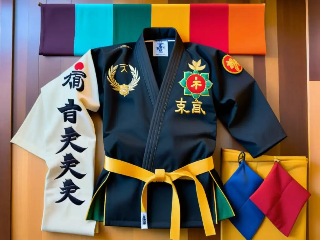 Ropa marcial con parches y bordados detallados, en un dojo tradicional, evocando autenticidad y reverencia por las artes marciales japonesas