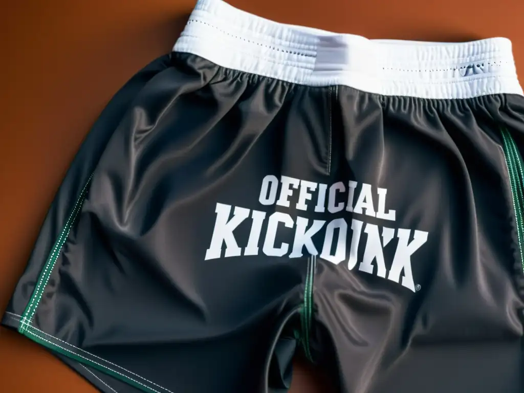 Ropa oficial para practicantes de kickboxing: Shorts y mallas de alta calidad, destacando su diseño y logo en un fondo oscuro