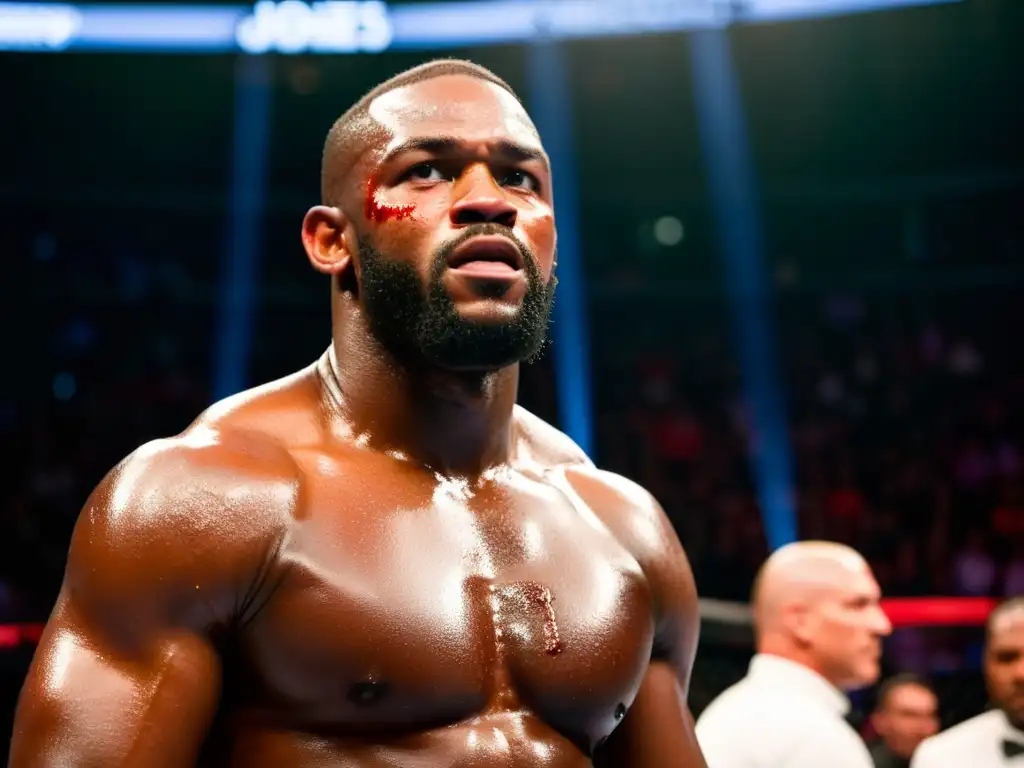 Jon Jones MMA en el octágono, con determinación en su rostro y músculos tensos