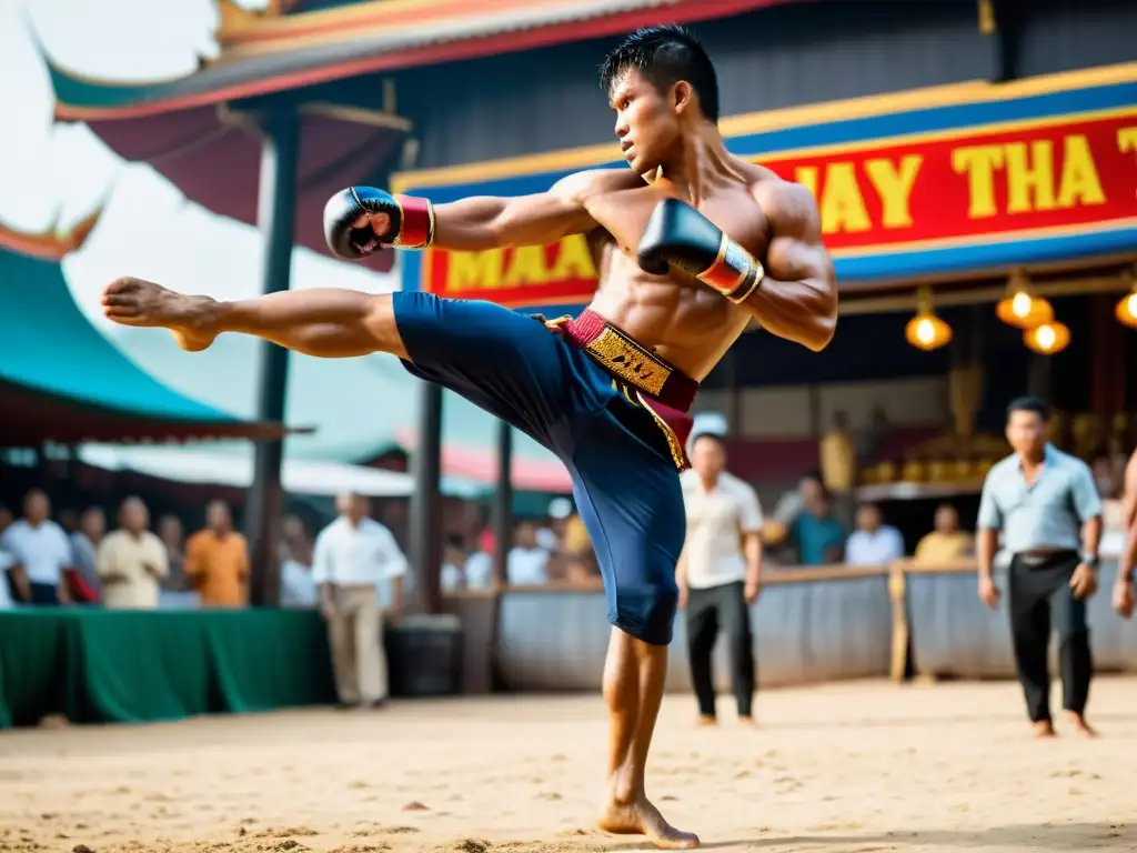 Tony Jaa ejecuta un roundhouse kick en un mercado tailandés, mostrando la influencia de Tony Jaa en Muay Thai con intensa determinación y autenticidad cultural