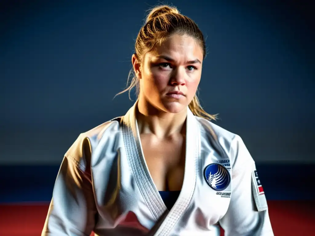 Ronda Rousey se prepara con determinación para un combate de judo, mostrando la fuerza y la historia en Judo que la define