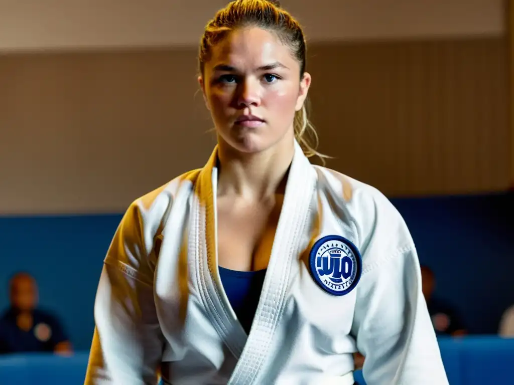 Ronda Rousey, rodeada de compañeros y entrenadores en un dojo, irradia determinación y fuerza mientras se prepara para una pelea de judo