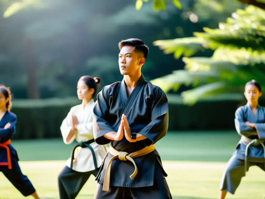 Un sabio instructor de artes marciales guía a sus estudiantes en técnicas de defensa personal en un entorno natural sereno, evocando mindfulness