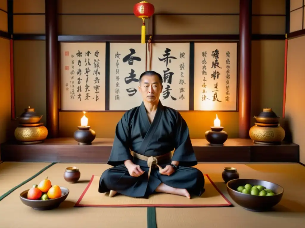 Un sabio maestro de artes marciales medita en un dojo tradicional, rodeado de velas, pergaminos y una mesa con frutas, nueces y tés