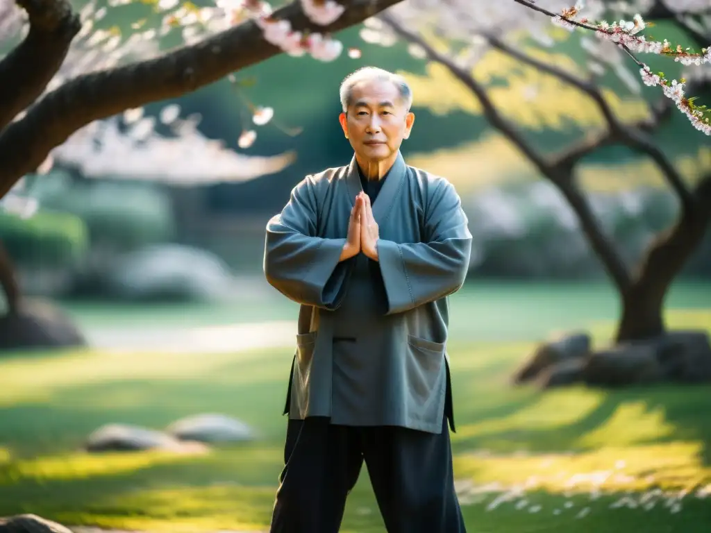 Un sabio maestro de Qigong y Tai Chi practica con gracia en un jardín sereno, rodeado de árboles de cerezos